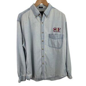 Vintage 90s Ameritex Souvenir San Francisco Blue Denim Button Up Short Mens L